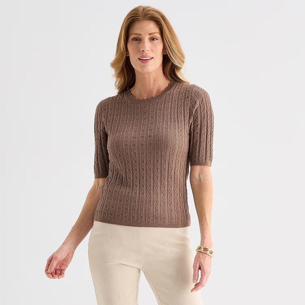 MSRP $48 Liz Claiborne Womens XL Tall Coffee Pullover Sweater Short Sleeve Scall